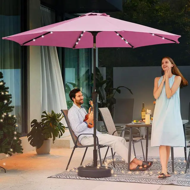 Alt view image 2 of 7 - JEAREY 9FT Outdoor Patio Umbrella with Solar Lights, LED Lighted Pool Umbrella with Tilt and Crank, Outdoor Table Umbrellas for Deck, Yard & Market (Rose Pink)