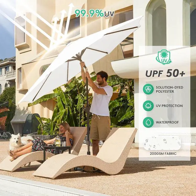 Alt view image 5 of 7 - JEAREY 9' Patio Umbrella with Solar Lights, LED Umbrella, Cream White | Outdoor Table Market Umbrellas with 8 Sturdy, Tilt & Crank UV Protection Waterproof for Garden, Deck, Backyard, Pool