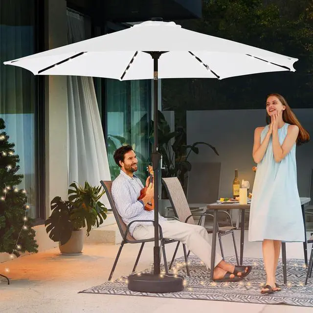 Alt view image 6 of 7 - JEAREY 9' Patio Umbrella with Solar Lights, LED Umbrella, Cream White | Outdoor Table Market Umbrellas with 8 Sturdy, Tilt & Crank UV Protection Waterproof for Garden, Deck, Backyard, Pool