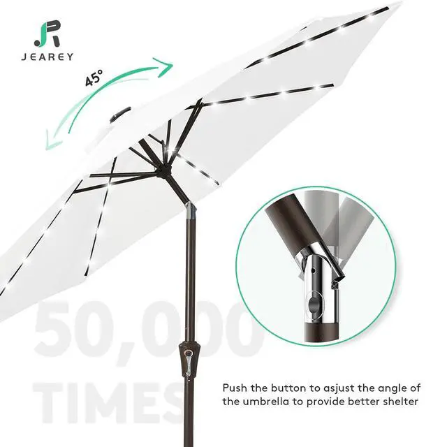 Alt view image 7 of 7 - JEAREY 9' Patio Umbrella with Solar Lights, LED Umbrella, Cream White | Outdoor Table Market Umbrellas with 8 Sturdy, Tilt & Crank UV Protection Waterproof for Garden, Deck, Backyard, Pool