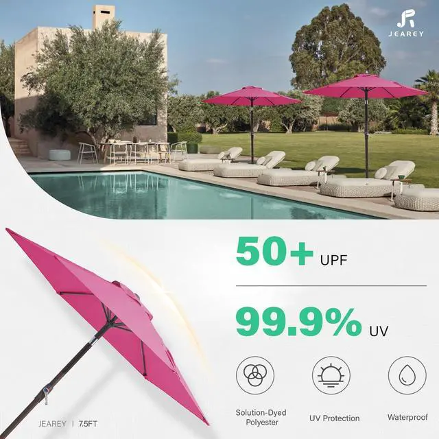 Alt view image 5 of 7 - JEAREY 7.5 ft Outdoor Patio Umbrella, Table Umbrella, Rose Pink | 6 Sturdy Ribs, Tilt & Crank lift, Vented Canopy, Ideal for Garden, Deck, Backyard, Pool & Beach