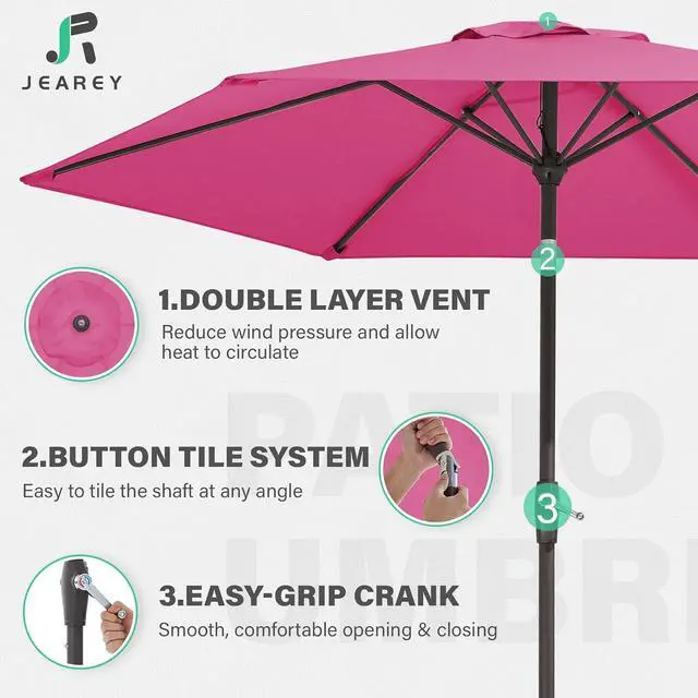 Alt view image 6 of 7 - JEAREY 7.5 ft Outdoor Patio Umbrella, Table Umbrella, Rose Pink | 6 Sturdy Ribs, Tilt & Crank lift, Vented Canopy, Ideal for Garden, Deck, Backyard, Pool & Beach