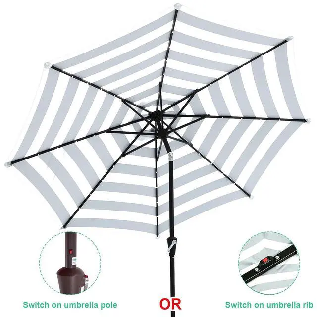 Alt view image 2 of 7 - JEAREY 9' Patio Umbrella with Solar Lights, Black & White Stripe | Outdoor Table Market Umbrellas with 8 Sturdy, Tilt & Crank UV Protection Waterproof for Garden, Deck, Backyard, Pool