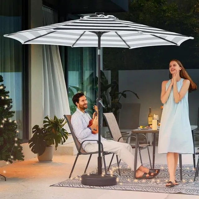 Alt view image 4 of 7 - JEAREY 9' Patio Umbrella with Solar Lights, Black & White Stripe | Outdoor Table Market Umbrellas with 8 Sturdy, Tilt & Crank UV Protection Waterproof for Garden, Deck, Backyard, Pool