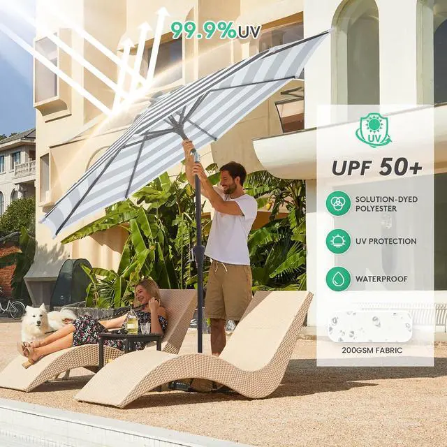 Alt view image 5 of 7 - JEAREY 9' Patio Umbrella with Solar Lights, Black & White Stripe | Outdoor Table Market Umbrellas with 8 Sturdy, Tilt & Crank UV Protection Waterproof for Garden, Deck, Backyard, Pool