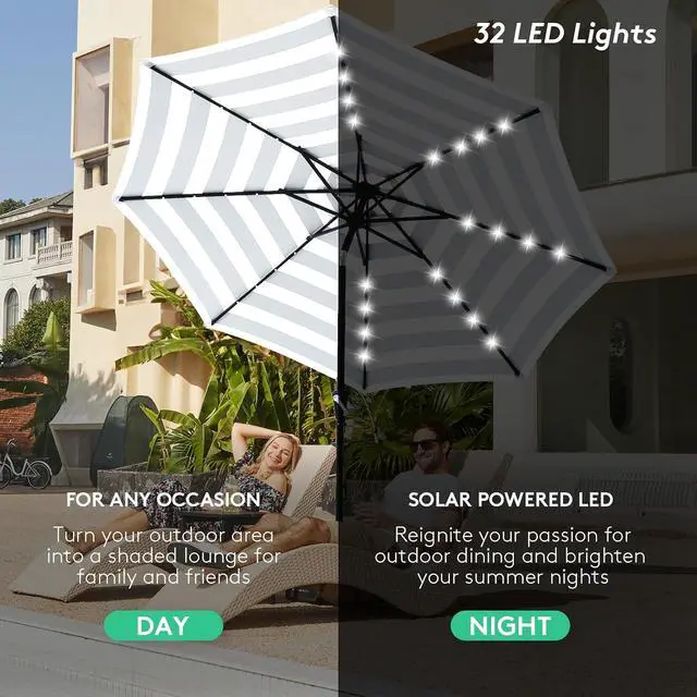 Alt view image 6 of 7 - JEAREY 9' Patio Umbrella with Solar Lights, Black & White Stripe | Outdoor Table Market Umbrellas with 8 Sturdy, Tilt & Crank UV Protection Waterproof for Garden, Deck, Backyard, Pool