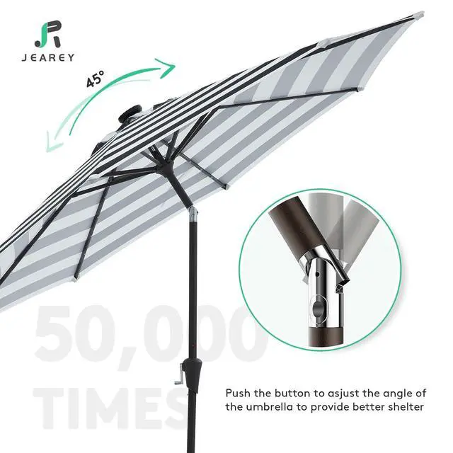 Alt view image 7 of 7 - JEAREY 9' Patio Umbrella with Solar Lights, Black & White Stripe | Outdoor Table Market Umbrellas with 8 Sturdy, Tilt & Crank UV Protection Waterproof for Garden, Deck, Backyard, Pool