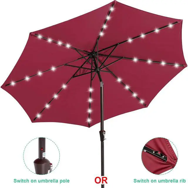 Alt view image 2 of 7 - JEAREY 9' Patio Umbrella with Solar Lights, LED Umbrella, Burgandy | Outdoor Table Market Umbrellas with 8 Sturdy, Tilt & Crank UV Protection Waterproof for Garden, Deck, Backyard, Pool