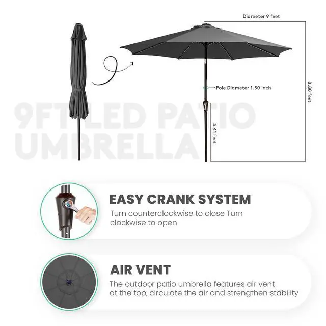 Alt view image 7 of 7 - JEAREY 9FT Outdoor Patio Umbrella with Solar Lights, LED Lighted Pool Umbrella with Tilt and Crank, Outdoor Table Umbrellas for Deck, Yard & Market (Dark Gray)