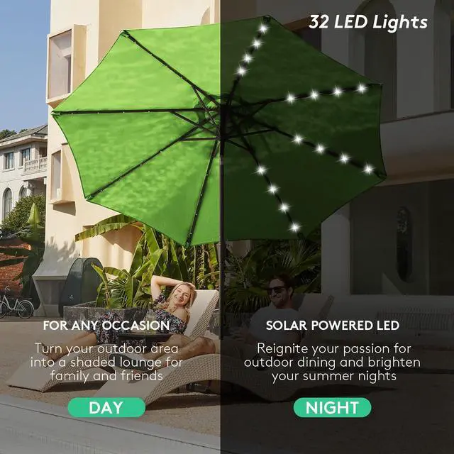 Alt view image 2 of 7 - JEAREY 9FT Outdoor Patio Umbrella with Solar Lights, LED Lighted Pool Umbrella with Tilt and Crank, Outdoor Table Umbrellas for Deck, Yard & Market (Grass Green)