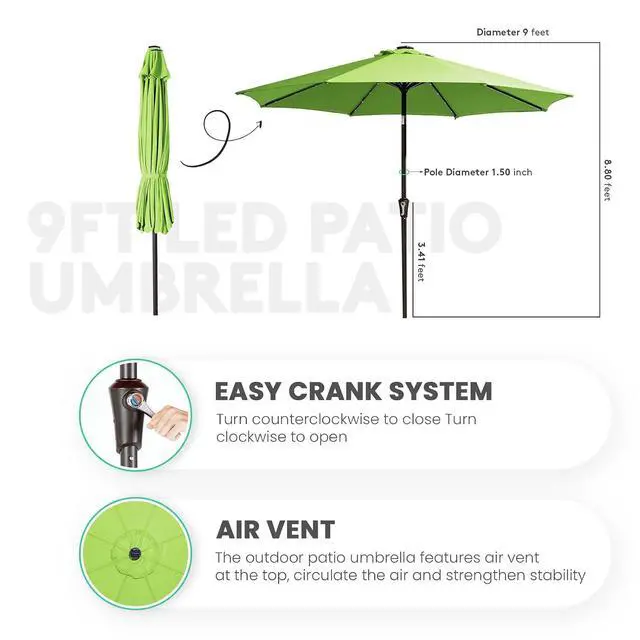 Alt view image 3 of 7 - JEAREY 9FT Outdoor Patio Umbrella with Solar Lights, LED Lighted Pool Umbrella with Tilt and Crank, Outdoor Table Umbrellas for Deck, Yard & Market (Grass Green)