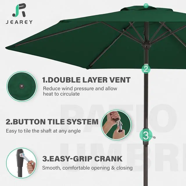Alt view image 7 of 7 - JEAREY 7.5 ft Outdoor Patio Umbrella, Table Umbrella, Dark Green | 6 Sturdy Ribs, Tilt & Crank lift, Vented Canopy, Ideal for Garden, Deck, Backyard, Pool & Beach