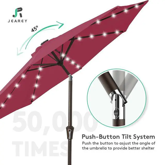 Alt view image 4 of 7 - JEAREY 9' Patio Umbrella with Solar Lights, LED Umbrella, Burgandy | Outdoor Table Market Umbrellas with 8 Sturdy, Tilt & Crank UV Protection Waterproof for Garden, Deck, Backyard, Pool