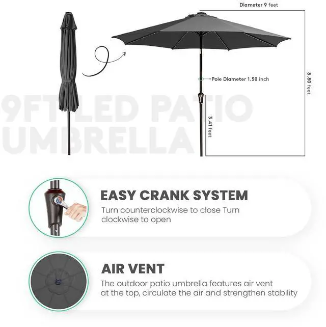 Alt view image 7 of 7 - JEAREY 9' Patio Umbrella with Solar Lights, LED Umbrella, Dark Gray | Outdoor Table Market Umbrellas with 8 Sturdy, Tilt & Crank UV Protection Waterproof for Garden, Deck, Backyard, Pool