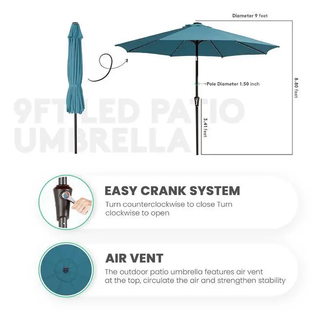 Alt view image 4 of 7 - JEAREY 9FT Outdoor Patio Umbrella with Solar Lights, LED Lighted Pool Umbrella with Tilt and Crank, Outdoor Table Umbrellas for Deck, Yard & Market (Lake Blue)