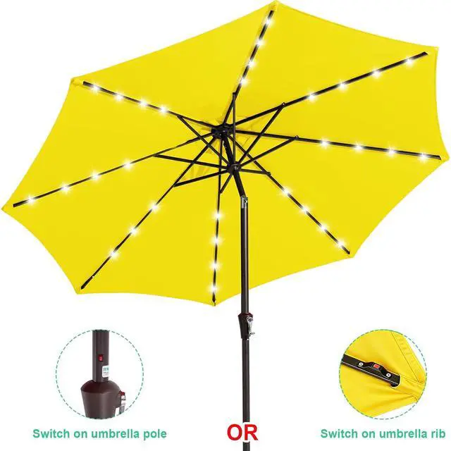 Alt view image 2 of 7 - JEAREY 9' Patio Umbrella with Solar Lights, LED Umbrella, Lemon | Outdoor Table Market Umbrellas with 8 Sturdy, Tilt & Crank UV Protection Waterproof for Garden, Deck, Backyard, Pool