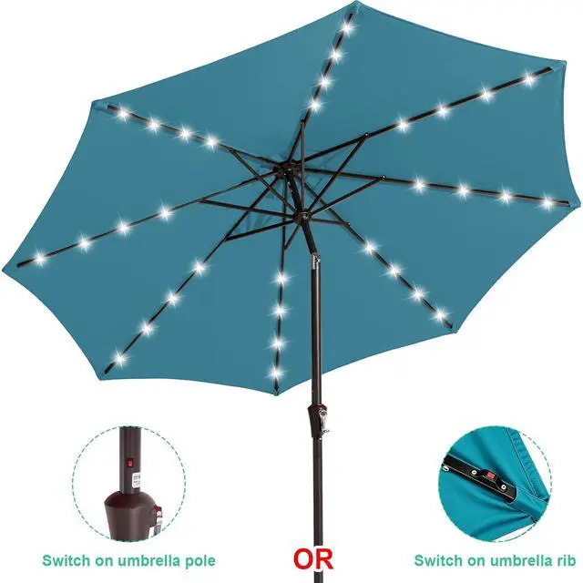 Alt view image 2 of 7 - JEAREY 9FT Outdoor Patio Umbrella with Solar Lights, LED Lighted Pool Umbrella with Tilt and Crank, Outdoor Table Umbrellas for Deck, Yard & Market (Lake Blue)