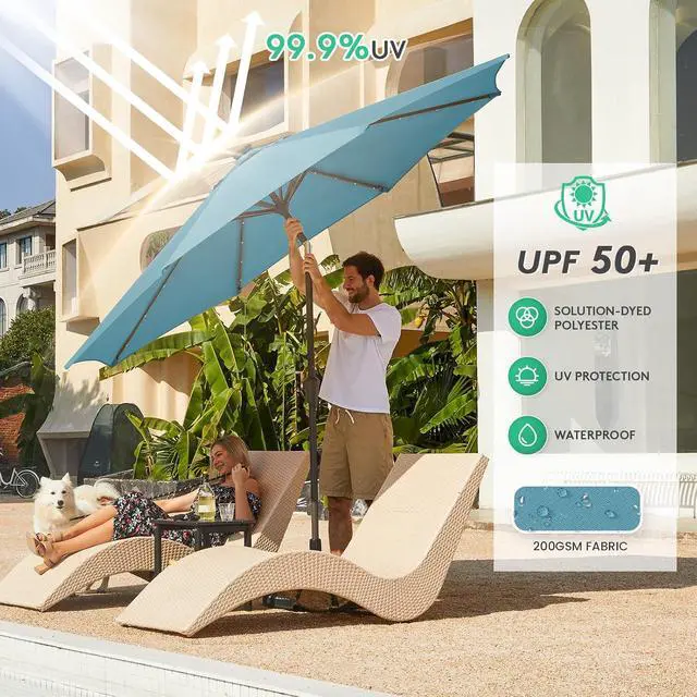 Alt view image 5 of 7 - JEAREY 9FT Outdoor Patio Umbrella with Solar Lights, LED Lighted Pool Umbrella with Tilt and Crank, Outdoor Table Umbrellas for Deck, Yard & Market (Lake Blue)