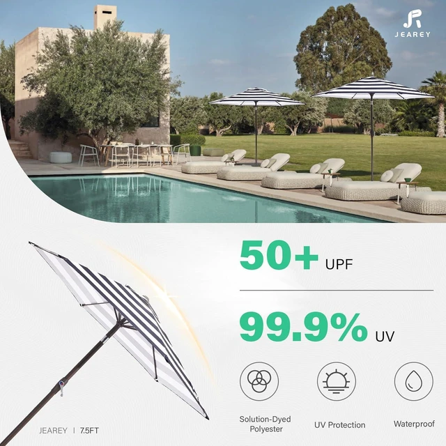 Alt view image 2 of 4 - JEAREY 7.5FT Patio Umbrella Market Table Umbrella with 6 Sturdy Ribs, Push Button Tilt/Crank Outdoor Umbrella for Garden, Deck, Backyard, Pool, Black & White Stripe