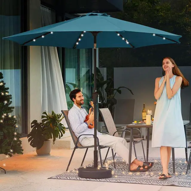 Alt view image 6 of 7 - JEAREY 9FT Outdoor Patio Umbrella with Solar Lights, LED Lighted Pool Umbrella with Tilt and Crank, Outdoor Table Umbrellas for Deck, Yard & Market (Lake Blue)