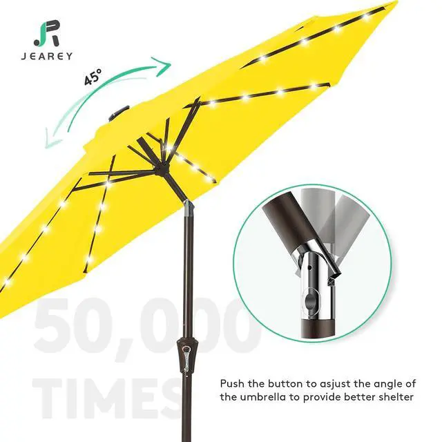Alt view image 4 of 7 - JEAREY 9' Patio Umbrella with Solar Lights, LED Umbrella, Lemon | Outdoor Table Market Umbrellas with 8 Sturdy, Tilt & Crank UV Protection Waterproof for Garden, Deck, Backyard, Pool