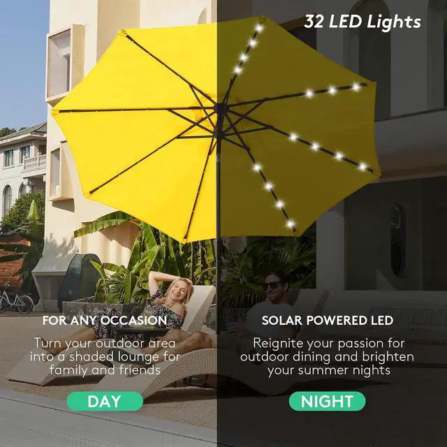 Alt view image 6 of 7 - JEAREY 9' Patio Umbrella with Solar Lights, LED Umbrella, Lemon | Outdoor Table Market Umbrellas with 8 Sturdy, Tilt & Crank UV Protection Waterproof for Garden, Deck, Backyard, Pool