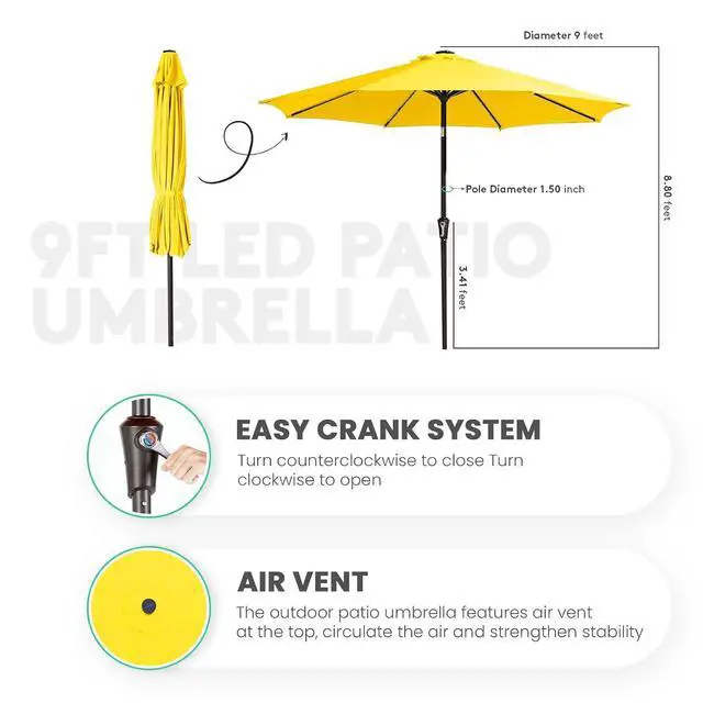 Alt view image 7 of 7 - JEAREY 9' Patio Umbrella with Solar Lights, LED Umbrella, Lemon | Outdoor Table Market Umbrellas with 8 Sturdy, Tilt & Crank UV Protection Waterproof for Garden, Deck, Backyard, Pool