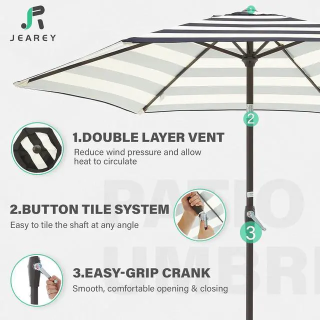 Alt view image 3 of 7 - JEAREY 7.5 ft Outdoor Patio Umbrella, Table Umbrella, Beige-Black Stripe | 6 Sturdy Ribs, Tilt & Crank lift, Vented Canopy, Ideal for Garden, Deck, Backyard, Pool & Beach