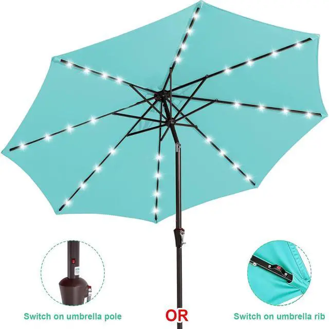 Alt view image 2 of 7 - JEAREY 9' Patio Umbrella with Solar Lights, LED Umbrella, Teal | Outdoor Table Market Umbrellas with 8 Sturdy, Tilt & Crank UV Protection Waterproof for Garden, Deck, Backyard, Pool