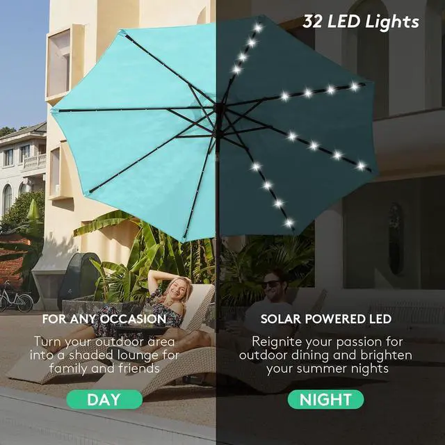 Alt view image 4 of 7 - JEAREY 9' Patio Umbrella with Solar Lights, LED Umbrella, Teal | Outdoor Table Market Umbrellas with 8 Sturdy, Tilt & Crank UV Protection Waterproof for Garden, Deck, Backyard, Pool