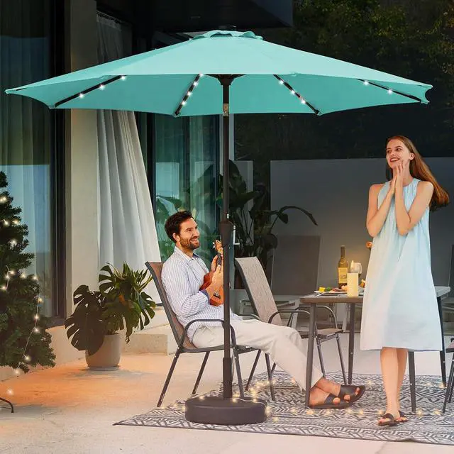 Alt view image 6 of 7 - JEAREY 9' Patio Umbrella with Solar Lights, LED Umbrella, Teal | Outdoor Table Market Umbrellas with 8 Sturdy, Tilt & Crank UV Protection Waterproof for Garden, Deck, Backyard, Pool