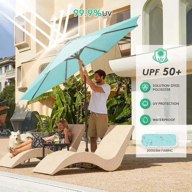 Alt view image 5 of 7 - JEAREY 9' Patio Umbrella with Solar Lights, LED Umbrella, Teal | Outdoor Table Market Umbrellas with 8 Sturdy, Tilt & Crank UV Protection Waterproof for Garden, Deck, Backyard, Pool