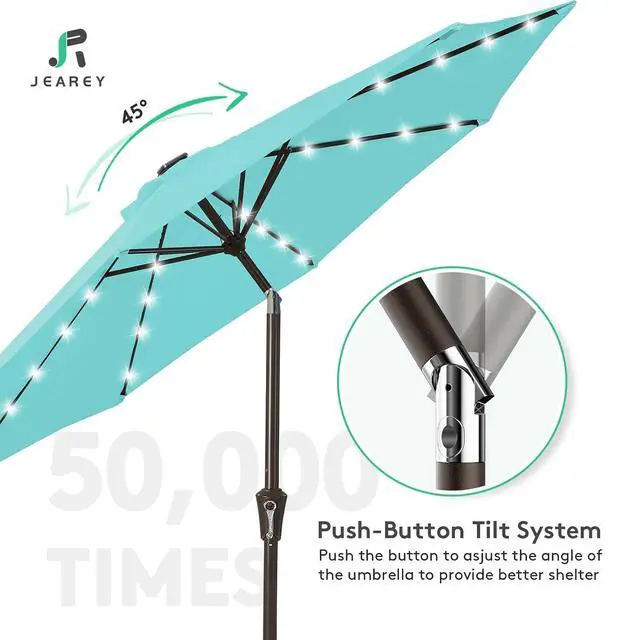 Alt view image 7 of 7 - JEAREY 9' Patio Umbrella with Solar Lights, LED Umbrella, Teal | Outdoor Table Market Umbrellas with 8 Sturdy, Tilt & Crank UV Protection Waterproof for Garden, Deck, Backyard, Pool