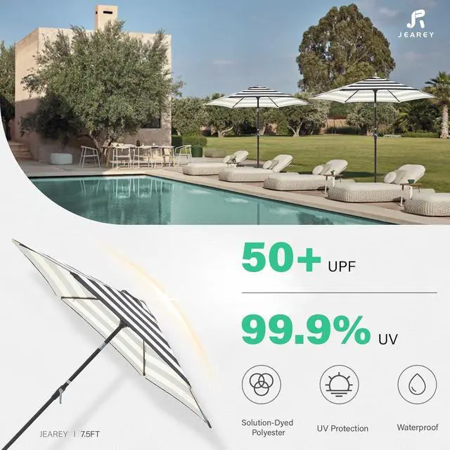 Alt view image 5 of 7 - JEAREY 7.5 ft Outdoor Patio Umbrella, Table Umbrella, Beige-Black Stripe | 6 Sturdy Ribs, Tilt & Crank lift, Vented Canopy, Ideal for Garden, Deck, Backyard, Pool & Beach