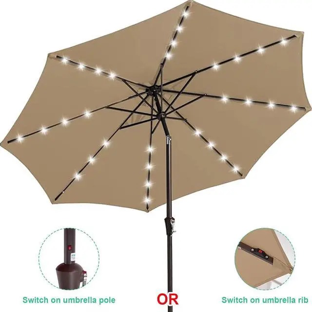 Alt view image 2 of 7 - JEAREY 9' Patio Umbrella with Solar Lights, LED Umbrella, Beige | Outdoor Table Market Umbrellas with 8 Sturdy, Tilt & Crank UV Protection Waterproof for Garden, Deck, Backyard, Pool