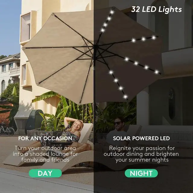 Alt view image 5 of 7 - JEAREY 9' Patio Umbrella with Solar Lights, LED Umbrella, Beige | Outdoor Table Market Umbrellas with 8 Sturdy, Tilt & Crank UV Protection Waterproof for Garden, Deck, Backyard, Pool