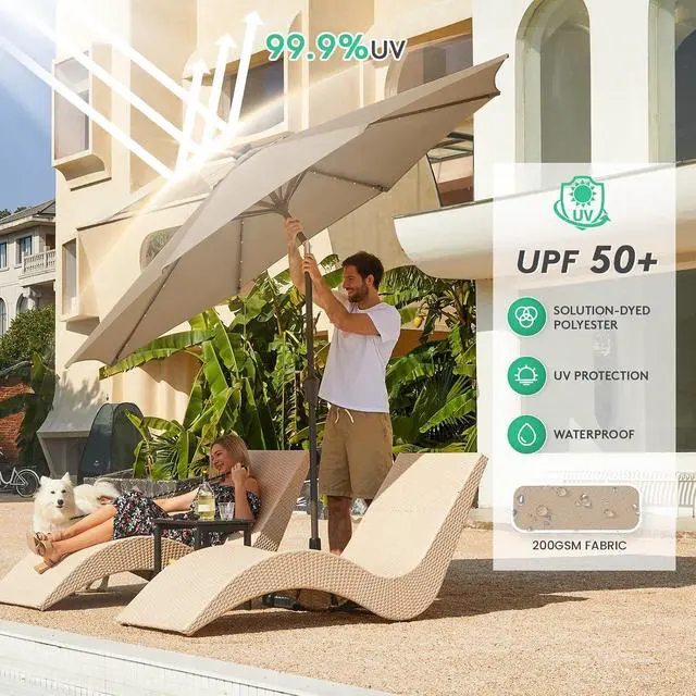 Alt view image 6 of 7 - JEAREY 9' Patio Umbrella with Solar Lights, LED Umbrella, Beige | Outdoor Table Market Umbrellas with 8 Sturdy, Tilt & Crank UV Protection Waterproof for Garden, Deck, Backyard, Pool