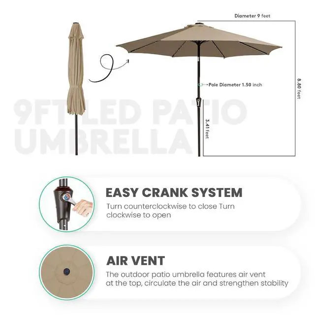 Alt view image 7 of 7 - JEAREY 9' Patio Umbrella with Solar Lights, LED Umbrella, Beige | Outdoor Table Market Umbrellas with 8 Sturdy, Tilt & Crank UV Protection Waterproof for Garden, Deck, Backyard, Pool