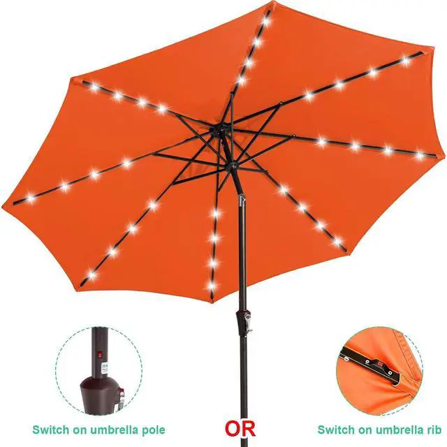 Alt view image 2 of 7 - JEAREY 9' Patio Umbrella with Solar Lights, LED Umbrella, Orange | Outdoor Table Market Umbrellas with 8 Sturdy, Tilt & Crank UV Protection Waterproof for Garden, Deck, Backyard, Pool