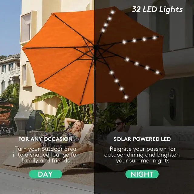 Alt view image 4 of 7 - JEAREY 9' Patio Umbrella with Solar Lights, LED Umbrella, Orange | Outdoor Table Market Umbrellas with 8 Sturdy, Tilt & Crank UV Protection Waterproof for Garden, Deck, Backyard, Pool