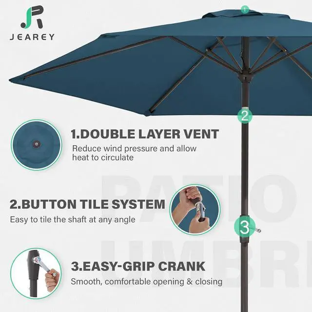 Alt view image 3 of 7 - JEAREY 7.5 ft Outdoor Patio Umbrella, Table Umbrella, Lake Blue | 6 Sturdy Ribs, Tilt & Crank lift, Vented Canopy, Ideal for Garden, Deck, Backyard, Pool & Beach
