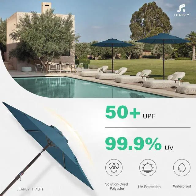Alt view image 7 of 7 - JEAREY 7.5 ft Outdoor Patio Umbrella, Table Umbrella, Lake Blue | 6 Sturdy Ribs, Tilt & Crank lift, Vented Canopy, Ideal for Garden, Deck, Backyard, Pool & Beach