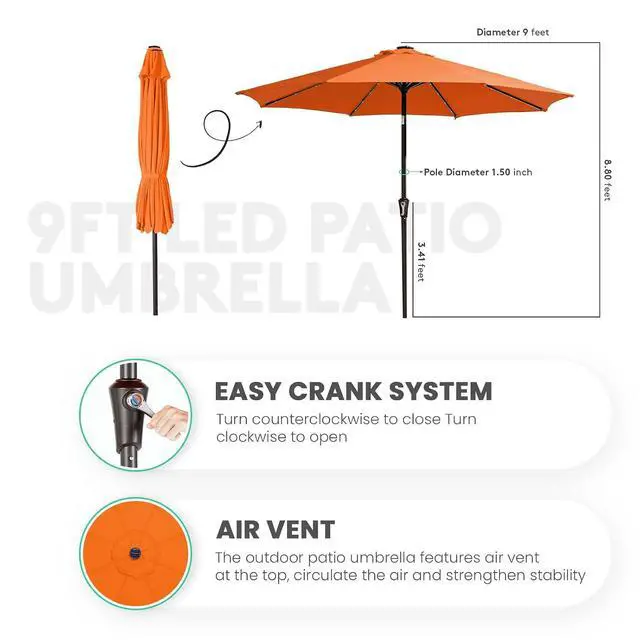Alt view image 5 of 7 - JEAREY 9' Patio Umbrella with Solar Lights, LED Umbrella, Orange | Outdoor Table Market Umbrellas with 8 Sturdy, Tilt & Crank UV Protection Waterproof for Garden, Deck, Backyard, Pool
