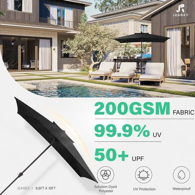 Alt view image 2 of 7 - JEAREY 6.6FT x 10FT 2-Tiers Rectangular Patio Umbrellas Outdoor Large Market Umbrella With Push Button Tilt and Crank Lift System 6 Sturdy Ribs UV Protection Waterproof Sunproof, Black