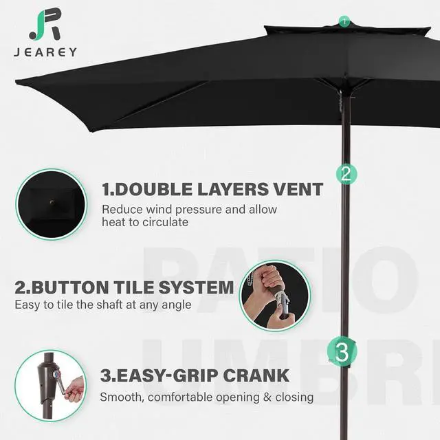 Alt view image 3 of 7 - JEAREY 6.6FT x 10FT 2-Tiers Rectangular Patio Umbrellas Outdoor Large Market Umbrella With Push Button Tilt and Crank Lift System 6 Sturdy Ribs UV Protection Waterproof Sunproof, Black