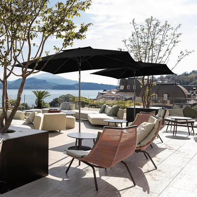 Alt view image 7 of 7 - JEAREY 6.6FT x 10FT 2-Tiers Rectangular Patio Umbrellas Outdoor Large Market Umbrella With Push Button Tilt and Crank Lift System 6 Sturdy Ribs UV Protection Waterproof Sunproof, Black
