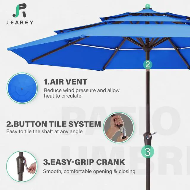 Alt view image 4 of 7 - JEAREY 9FT 3 Tier Patio Umbrella Outdoor Market Umbrella Table Umbrellas with 8 Ribs 1.5 Pole Push Button Tilt and Crank UV Protection for Garden,Royal Blue