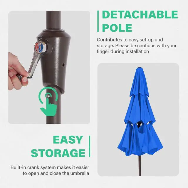 Alt view image 5 of 7 - JEAREY 9FT 3 Tier Patio Umbrella Outdoor Market Umbrella Table Umbrellas with 8 Ribs 1.5 Pole Push Button Tilt and Crank UV Protection for Garden,Royal Blue