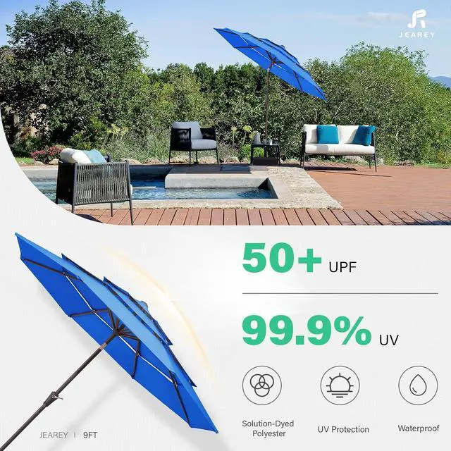 Alt view image 3 of 7 - JEAREY 9FT 3 Tier Patio Umbrella Outdoor Market Umbrella Table Umbrellas with 8 Ribs 1.5 Pole Push Button Tilt and Crank UV Protection for Garden,Royal Blue