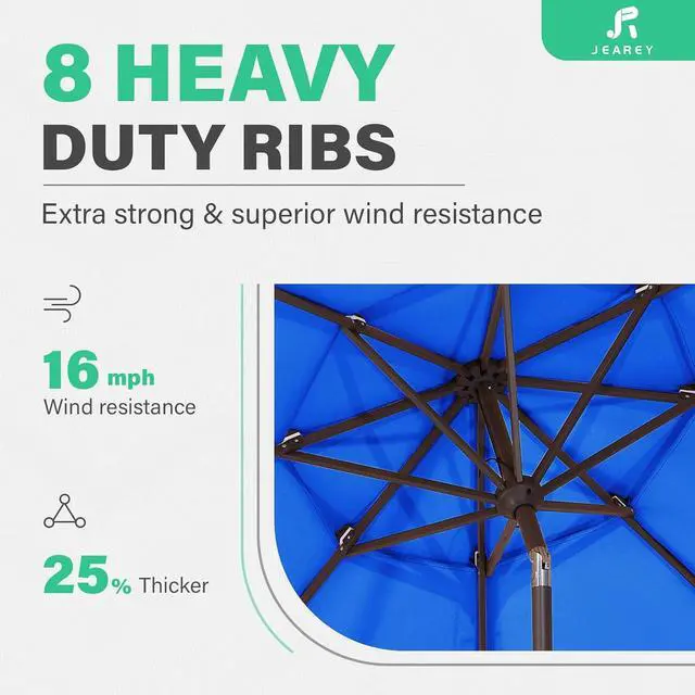 Alt view image 6 of 7 - JEAREY 9FT 3 Tier Patio Umbrella Outdoor Market Umbrella Table Umbrellas with 8 Ribs 1.5 Pole Push Button Tilt and Crank UV Protection for Garden,Royal Blue